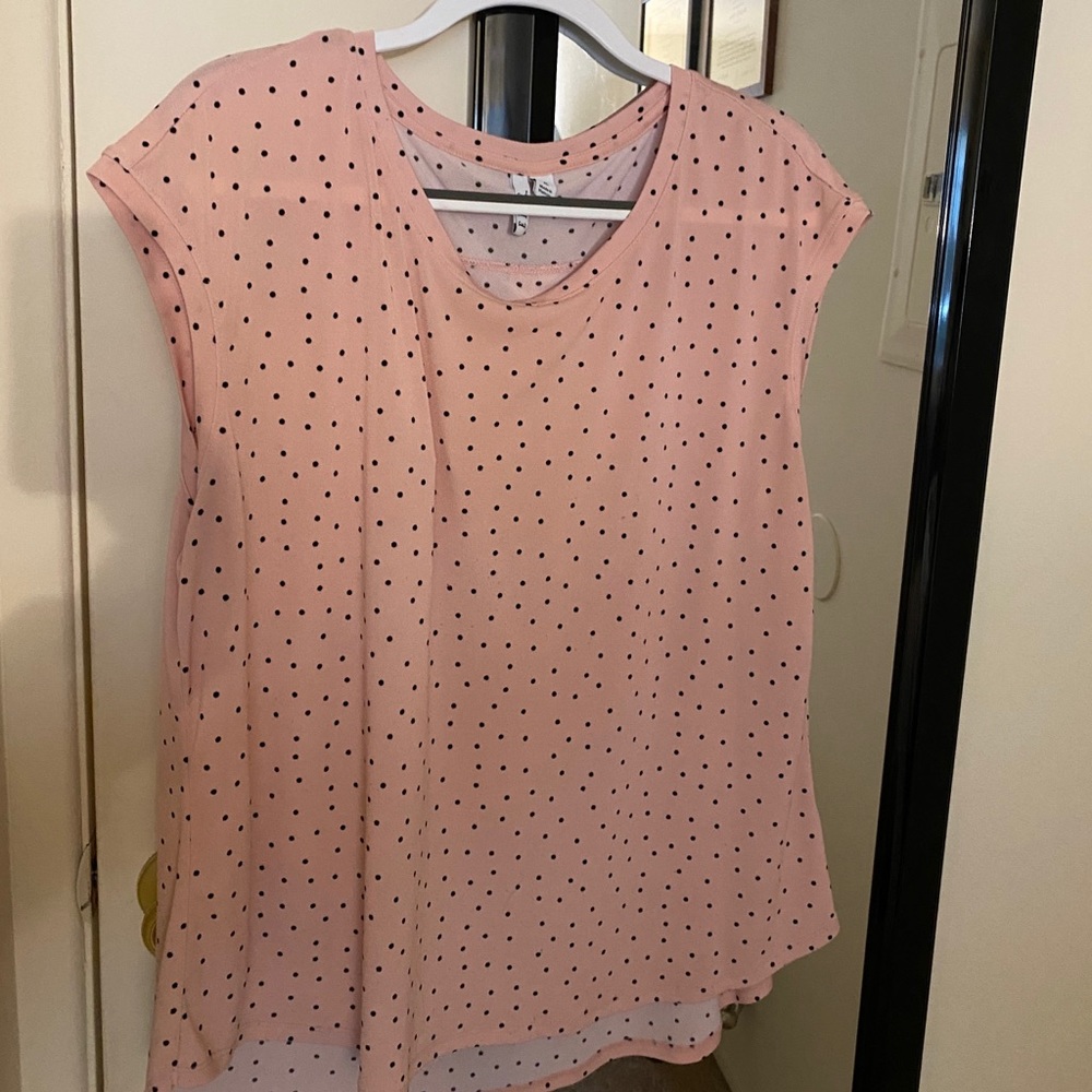 Pink Short Sleeve Blouse With Black Polkadots